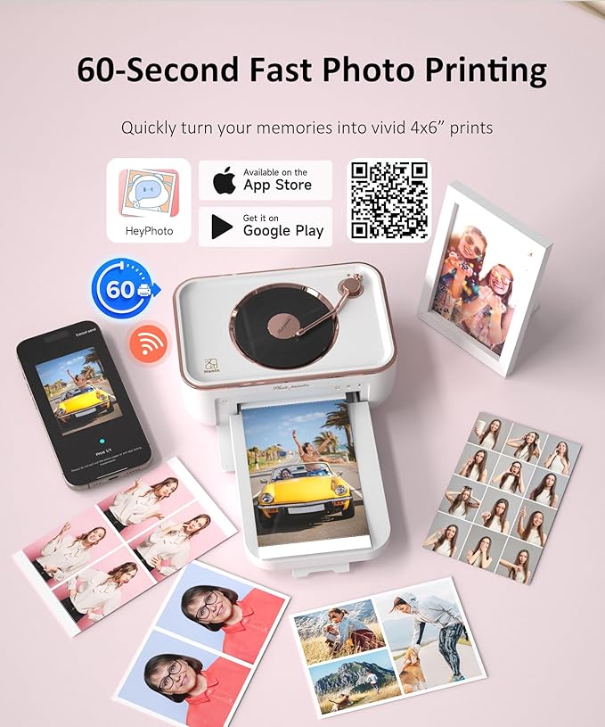 CP6000 Photo Printer 4x6'', Full Color Picture Printer, Wi-Fi Wireless Instant Photo Printers for Home Use (20 Papers & 1 Ribbon) for iOS Android, Thermal Dye Sublimation, AR Video, Fun App, White