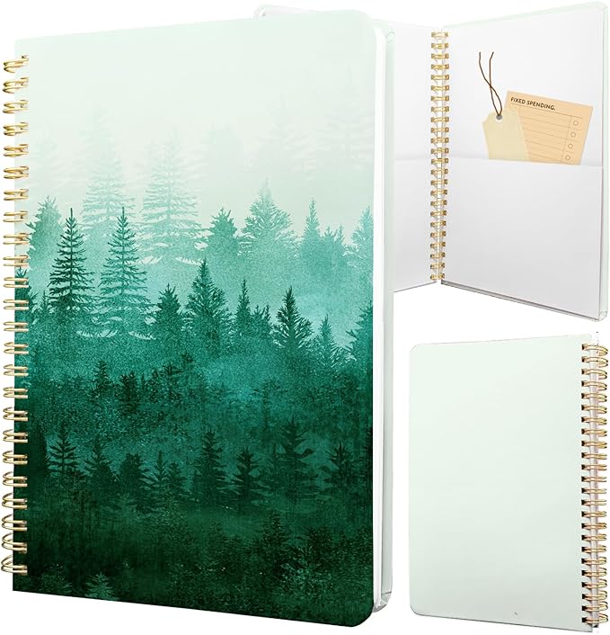 Cute Spiral Notebook journal A5 Aesthetic Pretty Floral Design for Women Girls Kawaii with Pocket, 8.5 x 5.7 inch, Green Forest