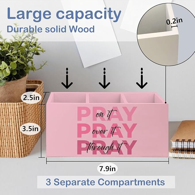 SNNDER Christian Pen Holder for Desk, Prayer Christian Gifts for Women, Pray on It Pray Over It Pray Through It Wooden Pen Pencil Holder Organizer for Home Office Desk Accessories(PINK)