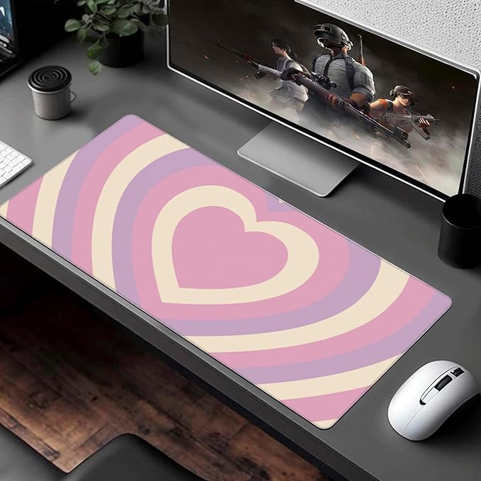 Desk Pad, Cute Retro Hearts Pattern Extended Large Gaming Mouse Pad for Desk XXL, Large Desk Mat for Desktop with Non-Slip Rubber Base Stitched Edges for Computer Keyboard Home Office 35.4"X15.7"