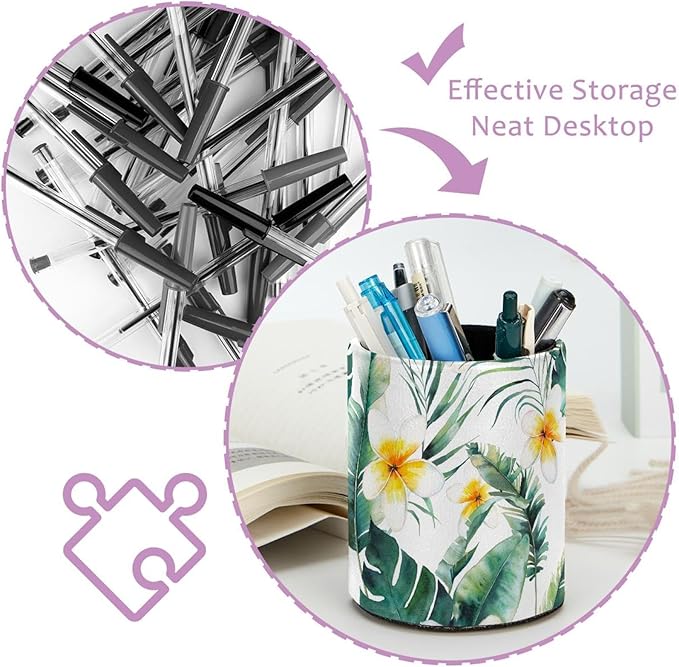Pen Holder For Your Desk, Pencil Holder Organizes All Pens, Watercolor Plumeria Flowers Palm Tree Pen Cup For Your Office Decor