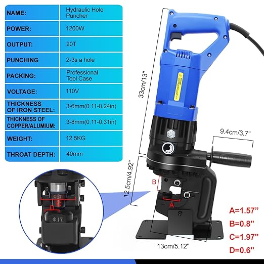 Electric Hydraulic Hole Punch for Metal,1200W Hydraulic Hole Puncher,Angle Steel Hole Punching Machine with Die Φ1/4" 3/8" 1/2" 11/16" 13/16",Hole Punch Tool for Metal Aluminum Copper Iron Steel Plate