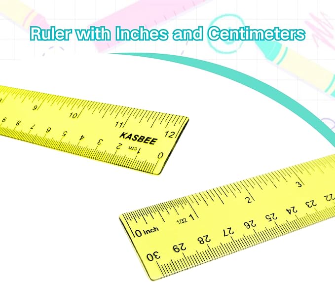 Rulers 12 Inch, Colored Clear Rulers, Plastic Measuring Ruler for Kids, School, Home and Office, Millimeter, Centimeter and Inches, Pack of 7