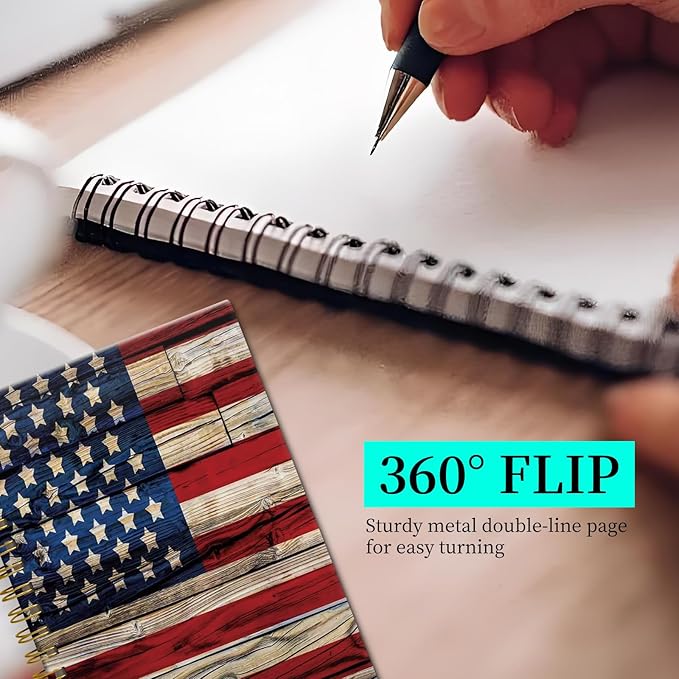 Spiral Notebook Journal for Women Men, A5 Hardcover Journal, 120 Pages Thick Paper, College Ruled Writing Notebook for School, Work & Office 8.3'' × 5.9''(Vintage Wood American Flag)