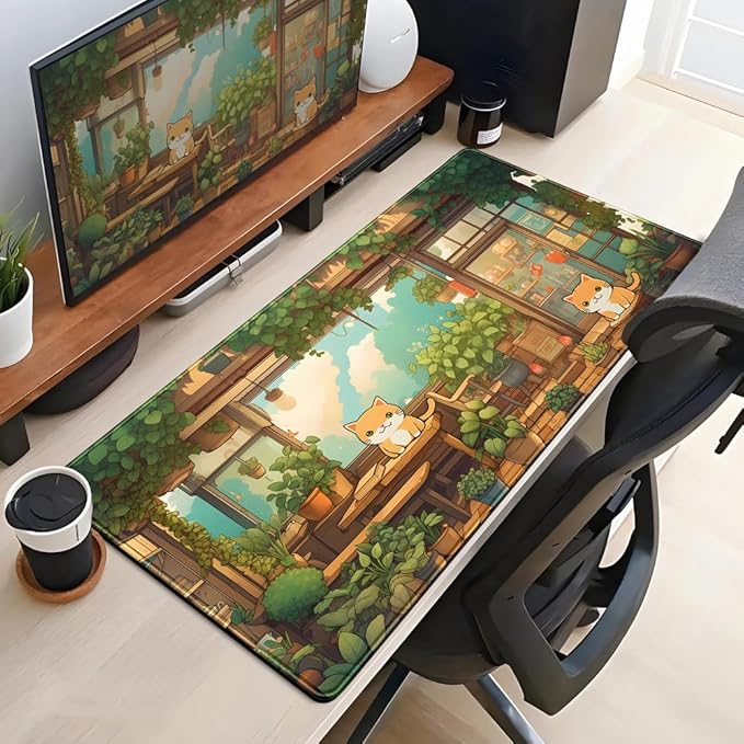 Desk Mat Cat Plant Green Large Mouse Pad Long Mousepad Gaming Office Decor Big Computer PC Laptop Protector Desk Mat Keyboard Pad Non-Slip Rubber Base Mousepad Long with Stitched Edges 31.5x15.7 in