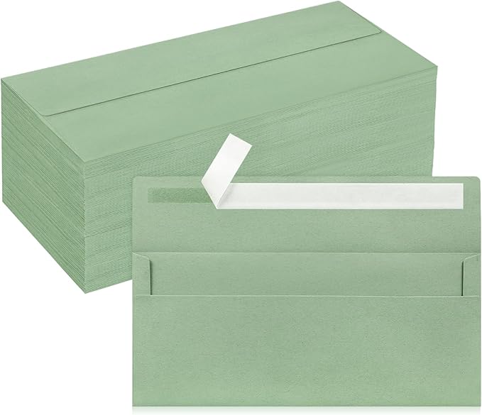 200 Pack #10 Business Envelopes, Sage Green Standard Envelopes Self Seal, Letter Size Mailing Envelopes for Checks Letters Invoices Statements Birthday Graduation Wedding, 4 1/8 x 9 1/2 Inch