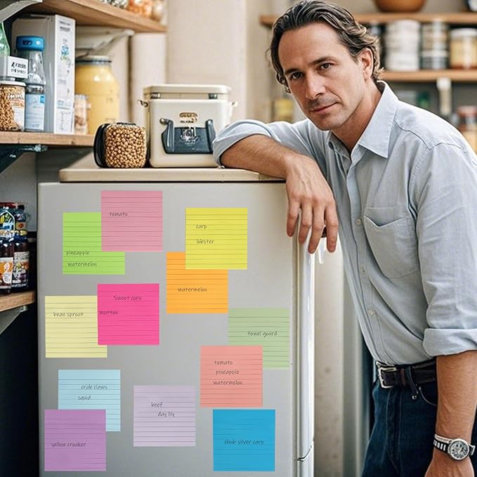 (12 Pack) Lined Sticky Notes 4x4 in, 12 Bright Colors Self Sticky Notes Pad Its Super Sticking Power Memo Pads, 4x4 Large Square Sticky Notes for Office,Home, School, Meeting