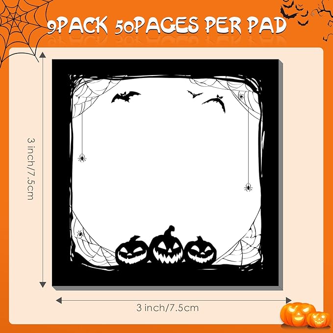 Halloween Sticky Note Halloween Note Pads with Spider Pumpkin Bat, Work Study Notes, 450 Pieces of Halloween Self Adhesive Removable Notes 3 Styles, 9 Books Total, 50 Sheets Each (Spider)