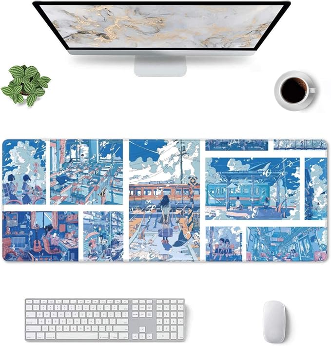 Anime Style Youth Campus Large Mouse Pad, Blue Fantasy Gaming Desk Mat, XL Keyboard Desk Pad Mat for Desktop, 31.5"x11.8" Non-Slip Base Big Mousepad with Stitched Edges