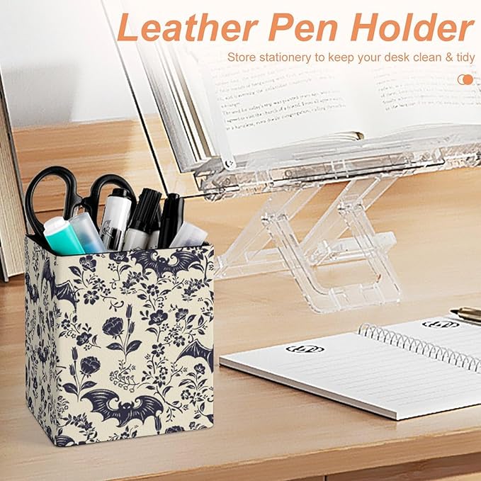 Square Pen Holder & Pencil Organizer for Desk - Office Storage Organizer, Markers/Makeup Brushes/Scissors Holder, Compact Desk Decor Accessories for Home Classroom School(Goth Bats)