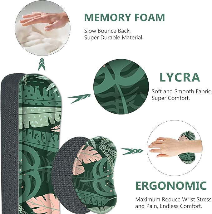 AIMSA Large Gaming Mouse Pad Set, Keyboard Wrist Rest Support Mouse Pad, Ergonomic Memory Foam Multifunctional Extended Desk Mat 35x15.7in Anti-Slip Rubber Base for Office Home, Pink Green Leaves