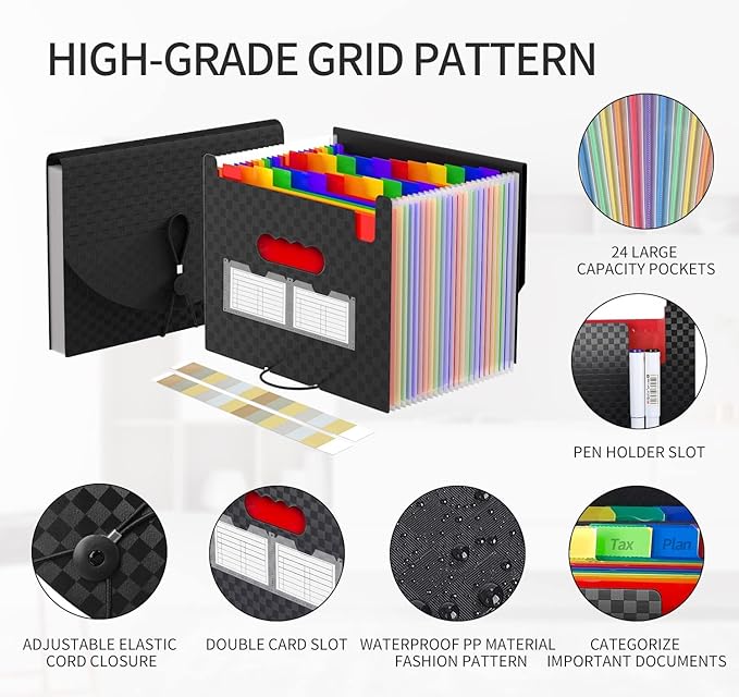 25 Pockets Accordion File Organizer Expanding File Folders,Expandable Document Organizer Plastic Accordian Filing Folder,A4/Letter Size Paper,Portable File Box,2 Tabs, Upgraded Grid Pattern