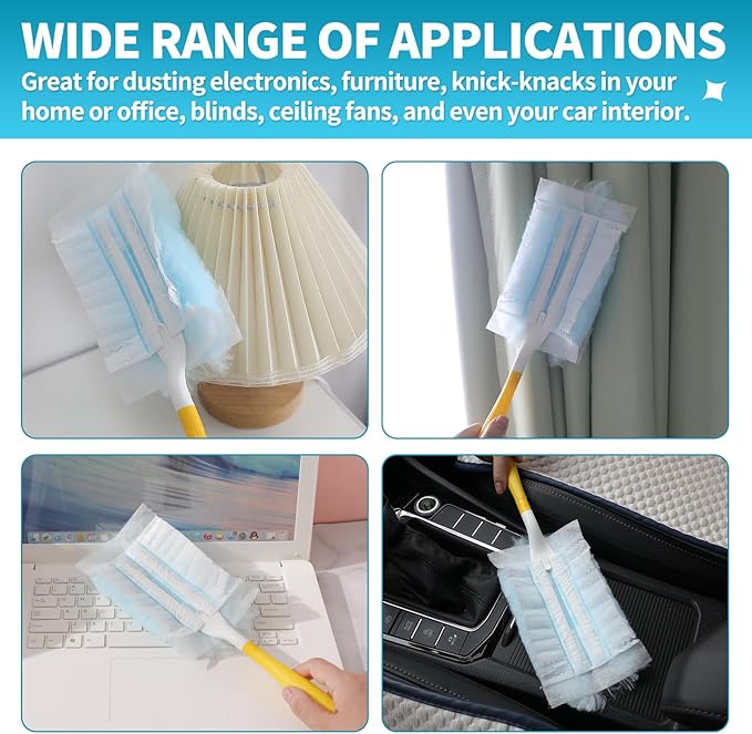 60 Count Microfibre Feather Duster Refills Compatible with Swiffer Dusters, Disposable Static Dust Removal Refills, Multi-Surface Duster with 1 Pcs Short Handle(Unscented, Pack of 1)
