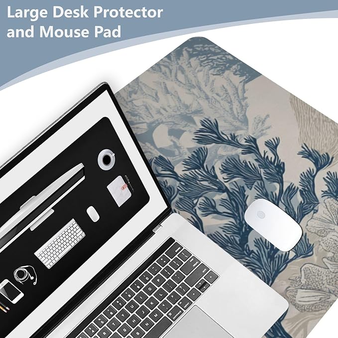 Mouse Pad Desk Mat Leather Desk Pad Large Gaming Desk Cover Protector Mat for Keyboard Computer Laptop Office Waterproof 35.4 x 16.5 Inch Beige and Blue Ocean Turtles Corals