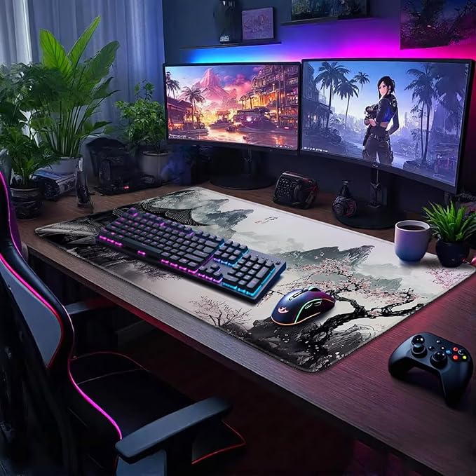 Japanese Black and White Cherry Blossoms Large Gaming Mouse Pad 31.5"x15.7"｜XXL Desk Mat, Non-Slip Rubber Base & Stitched Edges - Extended Mousepad for PC/Laptop/Office/Home Decor