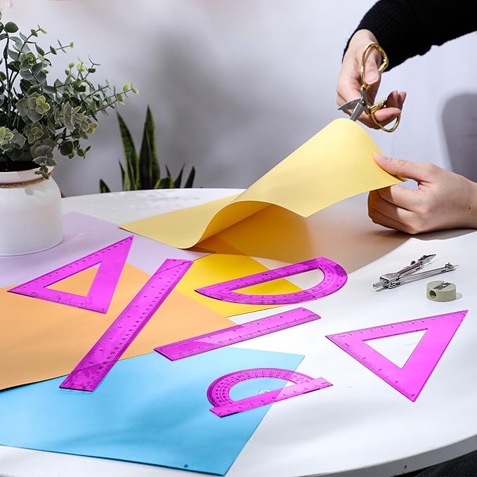 Tenare 6 Pcs Plastic Ruler Math Set Includes 12 Inch 6 Inch Straight Protractor Triangle Geometry Transparent Math Ruler Measuring Tools for School Office Home(Purple)