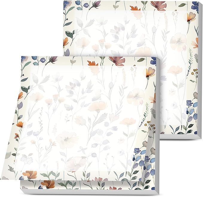 Sticky Notes, 2 Pads, 3x3 inches, Cute Colorful Fun Self-Stick Note Pads, Easy Post, Strong Adhesive Notepad Soft Watercolor Wildflowers