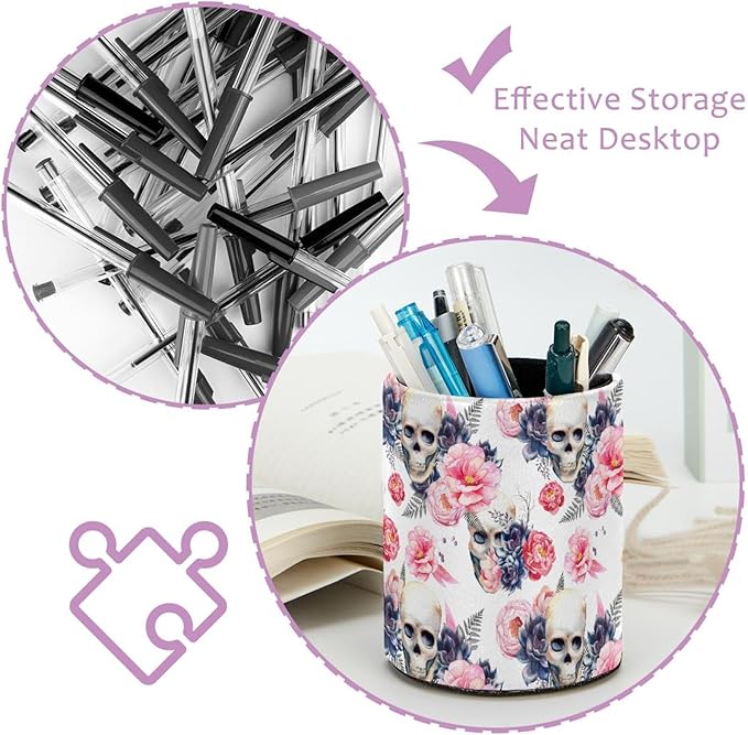 Pen Holder Cup Pencil Cup Holder for Office Watercolor Skull and Peonies Flowers Desk Organizer