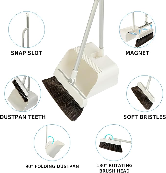 3-in-1 Magnetic Broom and Dustpan Set, Self-Cleaning Broom with Dustpan Combo Set,180° Rotatable Silicone Broom, Upright Standing Dustpan for Home, Kitchen, Office, Hall Floor