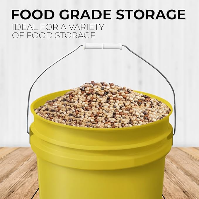 5-Gallon Yellow Bucket Pail with Gamma Seal Screw on Airtight Lid, Metal Handle with Plastic Grip for Easy Carrying, Easy Stack and Store, Heavy-Duty 90MIL Extra Durable, Food Grade, BPA Free - 2 Pack