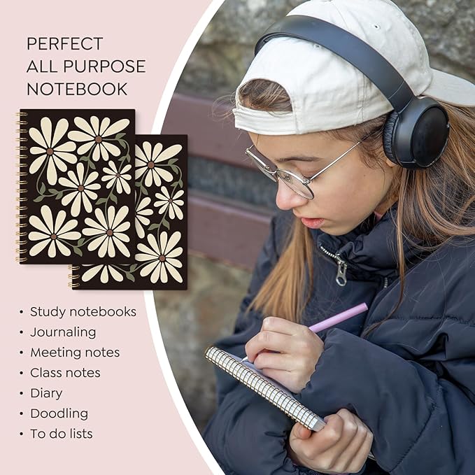 Boho Retro Flowers Spiral Notebook,Bohemian Wildflower Flower Market Lined Notebook Hardcover,College Ruled Notebook Journal for Writing,Boho Gifts for Women Student Teacher,5.5x8.3