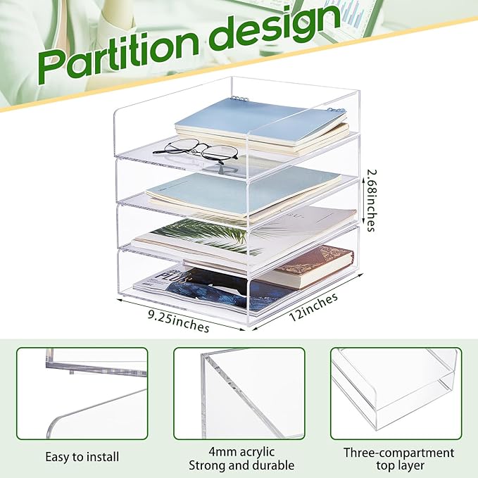 Harloon 4 Tier Acrylic Paper Tray Paper Organizer for Desk Clear File Organizer 12 x 9. 3 x 2. 7 Inches File Tray for Office Workspace Desktop Storage, No Need to Assemble (Transparent)