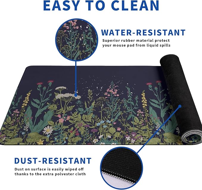 Wildflower Mouse Pad Abstract Black Mouse Pad 31.5x11.8 Inch Flower Texture Non-Slip Rubber Base Large Mousepad Stitched Edges Keyboard Mouse Mat Desk Pad for Office and Home