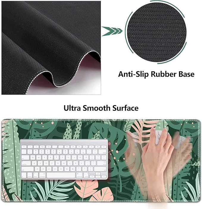 AIMSA Large Gaming Mouse Pad Set, Keyboard Wrist Rest Support Mouse Pad, Ergonomic Memory Foam Multifunctional Extended Desk Mat 35x15.7in Anti-Slip Rubber Base for Office Home, Pink Green Leaves