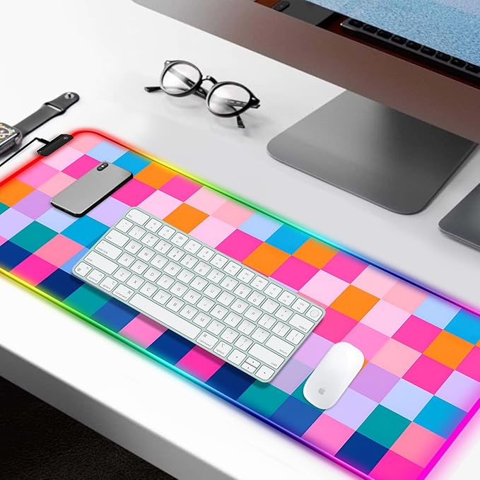 RGB Retro Coloful Checkered Gaming Desk Mat, Computer Keyboard Large Extended Long LED Mouse Pad for Office and Home, XL (W20)