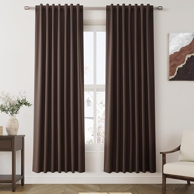 Nanspring Coffee Linen Blackout Curtains 72 inch Length for Living Room Boho Farmhouse Back Tab Rod Pocket Thermal Insulated Textured Living Room Blackout Curtains 2 Panels Set 52x72 Inch