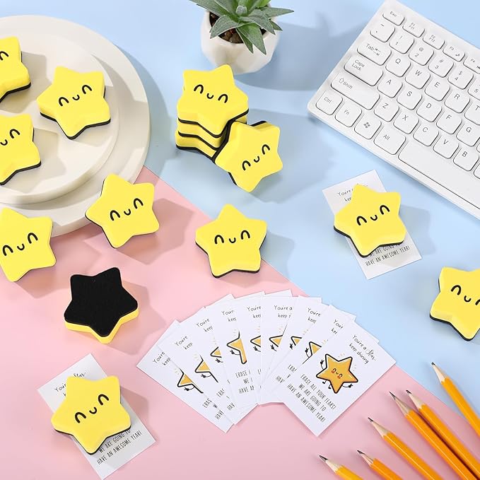 Lincia 36 Sets Smile Face Magnetic Dry Erase Whiteboard Erasers with Motivational Cards and Bags Gifts Bulk for Classroom Prize Teachers