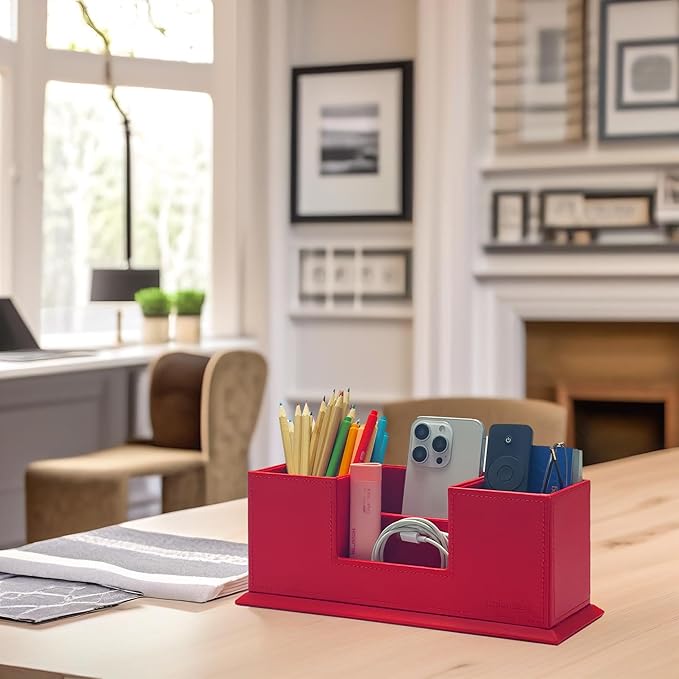 UnionBasic Desk Organizer, Desktop Caddy Leather Multi-compartment Pen Holder Office Stationer Organizer, Red