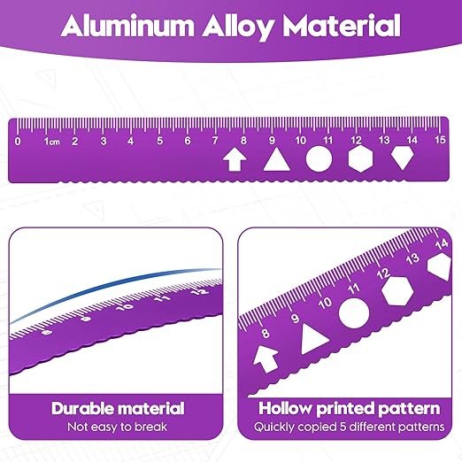 MSDADA Triangle Ruler, Protractor, Square and Ruler Set, 4 Pieces Aluminum Alloy Ruler, Metal Drafting Ruler Kit, Geometric Protractor for Student, School, Home, Office (Purple, 15cm/5.9inch)