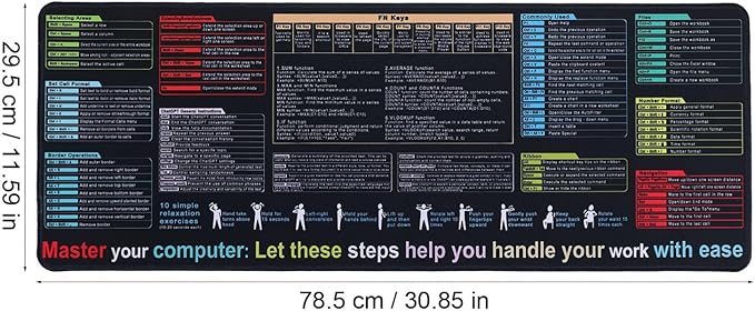 NUOBESTY Excel Cheat Sheet Desk Pad Large Keyboard Mouse Pad Non-Slip Gaming Keyboard Mat Office Computer Desk Mat with Function Modules 30x79 CM