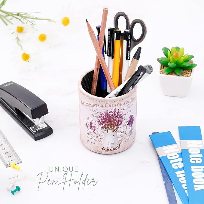 Pen Holder for Desk Cute, PU Leather Pen Stand for Cosmetics Office Supplies, Gifts for Back to College, Retro Purple Lavender PH85