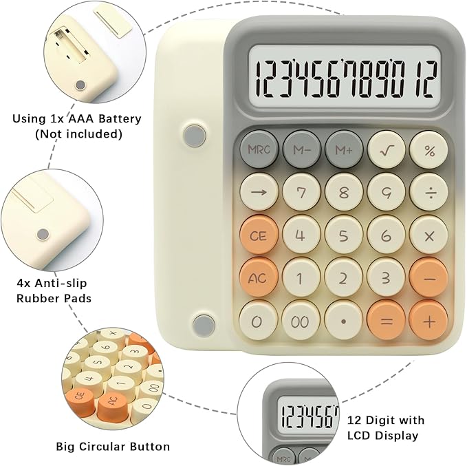 Standard Calculator - Gray White with 12 Digit Display and Big Buttons, Cute Office Calculator