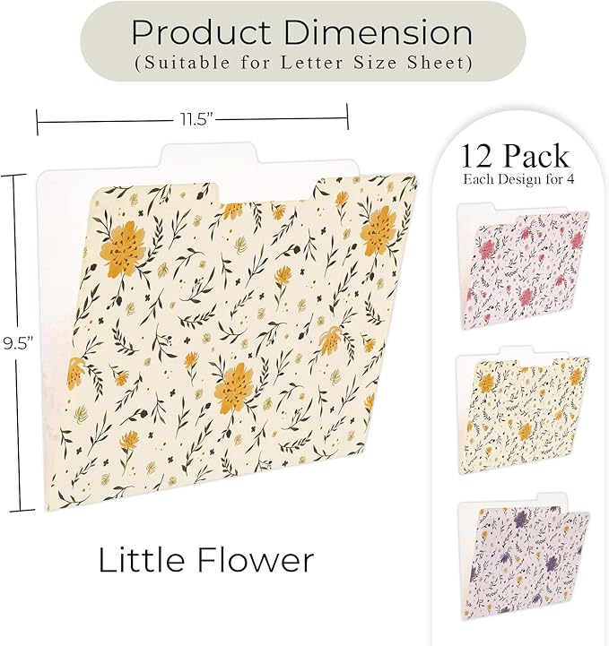 Y YOMA 12 Pack Decorative File Folders Letter Size File Folder with 1/3-Cut Tab Cute Pretty Colored Heavyweight Filing Folder File Organizers for Office School Home Desktop, Flower Design