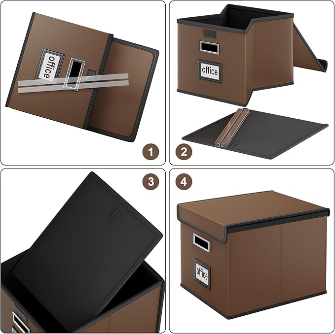 Huolewa Faux Leather File Organizer Box with Lid, Collapsible Hanging File Folder Box Organizer with Plastic Slides, Decorative Home/Office Filing Boxes for File and Folder Storage - Dark Brown