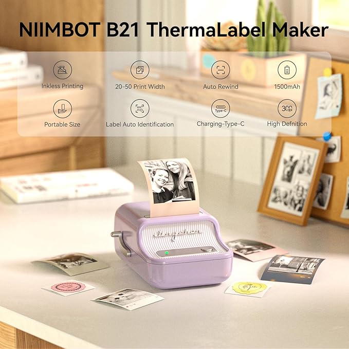 NIIMBOT B21 Pro Sticker Printer, 300DPI, Fun APP, Portable Inkless Label Printer, Bluetooth Sticker Maker for DIY Crafts, Notes, Scrapbook, Photo, Custom Labels & Gifts,Home Organization (Violet)
