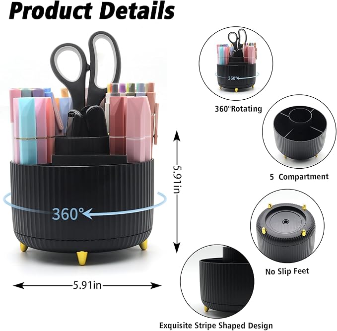 Black Desk Accessories, Rotating Pen Holder Set,Black Office Supplies with Stapler and Tape Dispenser Set, Gifts for Office Clerks,Student