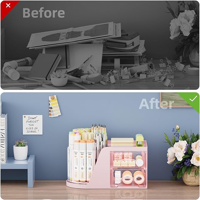 Marbrasse Desk Organizer with 2 Drawer, 360°Rotating Pen Holder, Desk Organizers and Accessories with 6 Slots Pencil Organizer + 2 Drawer, Art Supply Storage Box Caddy for Office (Pink)