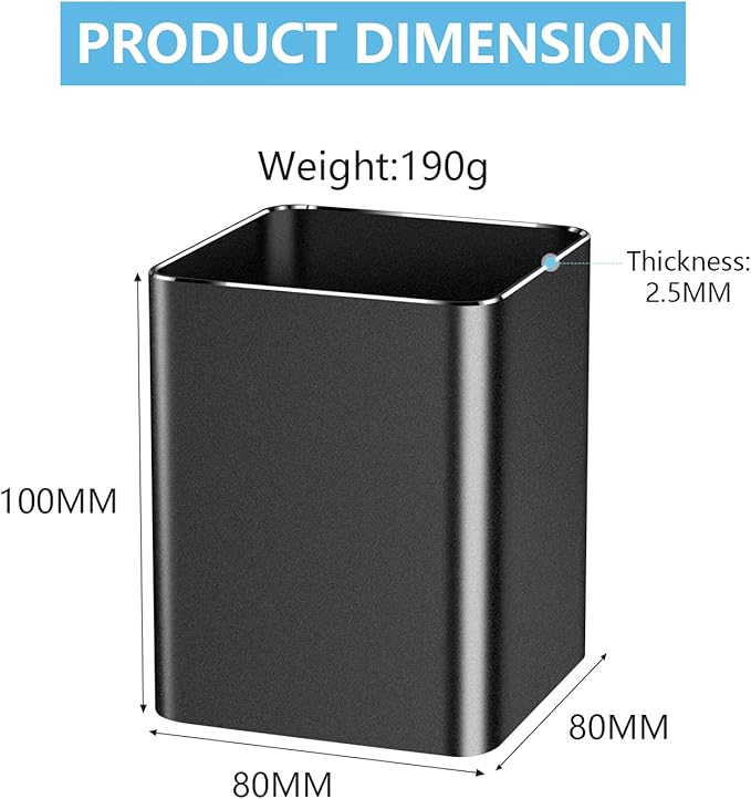 Pen holder,square pen cup, Metal pen pencil holder, desktop pencil cup stationery organization office desktop accessories, suitable for office, school, home and stationery supplies. (Black)