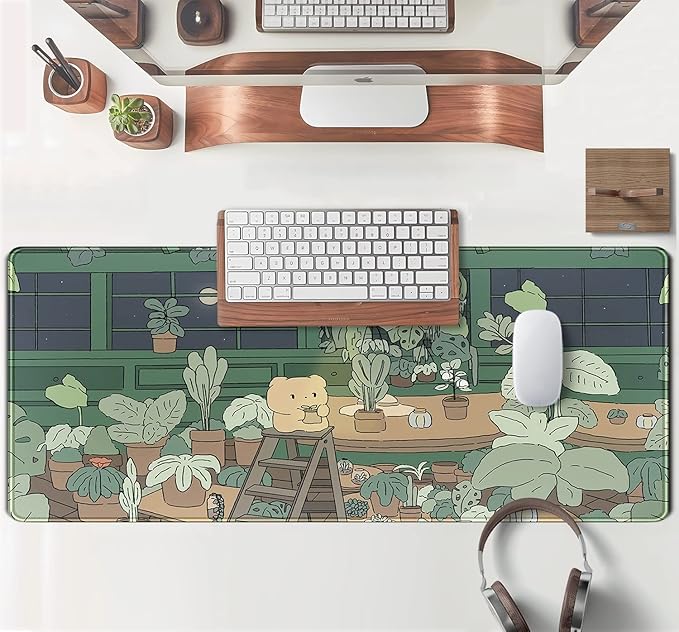 Kawaii Bear XL Gaming Mouse Pad & Desk Mat - 31.5x11.8 in, Aesthetic Brown & Green Forest Keyboard Pad