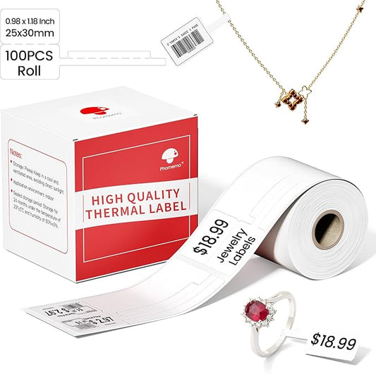 Phomemo m110 Thermal Labels, Jewerly Price Tag Labels Compatible with M100/M110/M250 Label Printer,Self-Adhesive Sticker Label for Cable,Black on White, (11/8" x 7/8"+13/4"), 100 pcs/Roll, 1-Pack