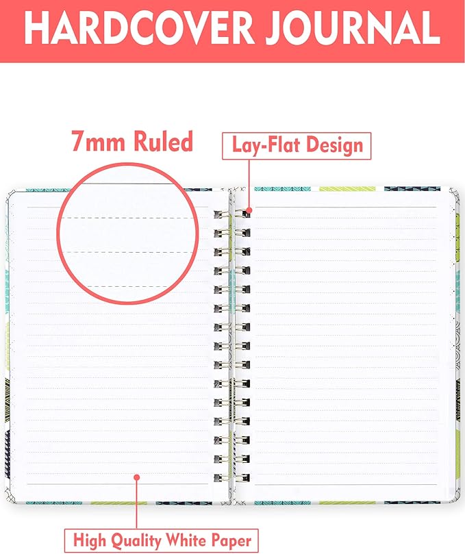 WLPFSAHF Spiral Journal Notebook for Women, Hardcover A5 College Ruled Notebook, 120 Pages, Thick Paper, Cute Lined Journal for School, Office & Work, 6 x 8.4 in(Green Geometric)