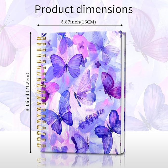 Spiral Journal Notebook, Hardcover Lined Journal for Women, Medium 6 x 8.4 in, 120 Pages Thick Paper, College Ruled Notebook for Writing, Work, Office, and School,Blue Purple Butterfly