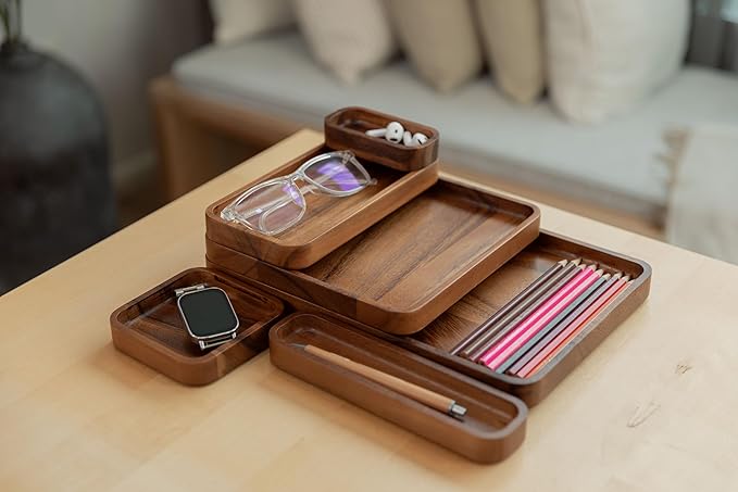 Premium Wooden Stackable Modular Desk Organizer Tray: Set of 6-Pieces Nested Acacia Wood Storage Trays for Office, Kitchen, and Home Organization in Contemporary Style