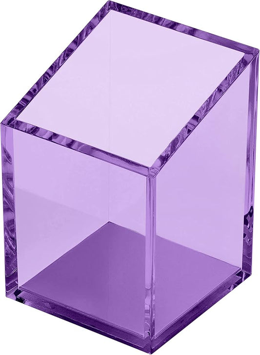 OfficeGoods Acrylic Pen & Pencil Holder - Modern Trapezoid Design - Beautiful Desk Organizer for Home or Office - Contrasting Metal Base - 3" Square w/ 3.5" Front & 4.5" Back - Purple