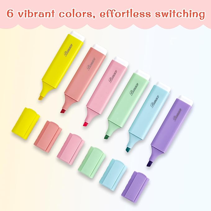 Pastel Highlighters,Chisel Tip Marker Pen,6 Assorted Macaron Colors Highlighter Pens,Mini Markers,Water Based, Quick Dry,Back to School Supplies