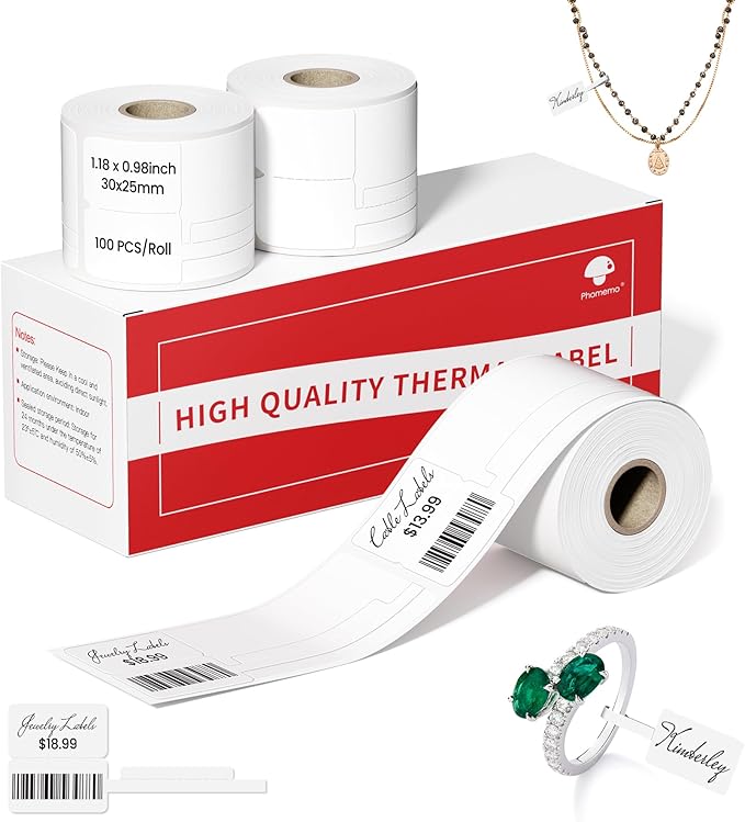 Phomemo Labels,Jewelry Price Tags - Self-Adhesive Sticker Labels Compatible with Phomemo M100/M110/M250 Label Printer,M110 Thermal Label for Cabel, 1.18 x 0.98 Inch (30x25mm+45mm),100PCS x 3 Roll